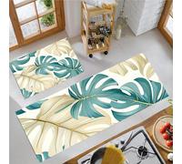 Tapis de Cuisine Feuilles De Monstera Lavables et Antidérapants, Lot de 2 Tapis de Sol Devant Evier Style Rétro Tropical Anti-Fatigue pour Confortables pour Debout (Beige, 43x75cm+43x150cm)