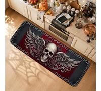 Tapis de cuisine gothique avec tête de mort ailée et rose 40,6 x 119,4 cm | Style gothique, tapis pour sol de cuisine, motif tête de mort ailée, accents floraux, palette de couleurs d'humeur