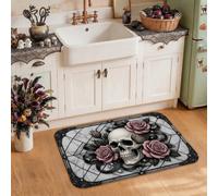 Tapis de cuisine gothique crâne et rose Halloween 50,8 x 78,7 cm | Décoration gothique, tapis de cuisine, motif roses de pêche, vitrail, tapis de sol de cuisine, accents saisonniers pour la