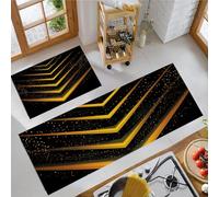 Tapis de Cuisine Lignes À Chevrons Tapis de Sol Antidérapant Minimaliste Moderne 6mm Mince Carpette Confortables Facile à Nettoyer pour Couloir, Salle à Manger, Devant Evier, 40x60cm+40x120cm Or Noir