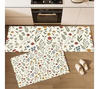 Tapis De Cuisine Lot De 2 Lavable Fleurs Des Pays Nordiques | Paillasson Devant D'Évier Antidérapant Des Plantes Simples Et Rafraîchissantes, Absorbant Tapis De Sol Pour Bureau, Beige, 40X60+40X120Cm