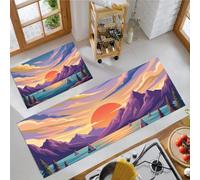 Tapis De Cuisine Lot De 2 Lavable Montagnes Au Coucher Du Soleil Simple | Paillasson Devant D'Évier Antidérapant Paysage Nautique Rétro, Absorbant Tapis De Sol Pour Bureau, Orange, 44X75+44X120Cm