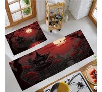Tapis De Cuisine Lot De 2, Tapis De Architecture Du Coucher Soleil Oriental Paysage Japonais, Antidérapants Lavables, Passage Paillasson Porte Anti-Fatigue Pour Cuisine Entrée, Scarlet, 44X75+44X120Cm