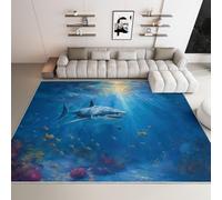Tapis de Cuisine ou Bureau Créatures Modernes 80 x 150 cm, Lavable et Antidérapant Doux De L'Océan Requins Poissons, Aspect Fourrure Moelleux Poils Courts Ne Perd Pas Ses Poils pour Chambre Bleu Foncé