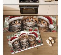 Tapis de Cuisine Photographie Noël Antidérapants, Tapis de Cuisine Chaton Avec Chapeau Noël Lavable, Absorbe l'eau et l'huile pour Couloir, Salle à Manger, Entrée ( Vert Sauge, 43x75cm+43x120cm)