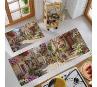 Tapis de Cuisine Réalisme Architecture Lavable Antidérapant - Brun Clair Lot de 2 Tapis de Cuisine Rues Fleurs Résistant aux liquides, pour Couloir Salon Salle à Manger Entrée 43x75cm+43x150cm