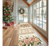 Tapis de Cuisine Romantique Rayures Antidérapant et Lavable, Tapis de Couloir Long Devant Evier, Paillasson Absorbant avec Motif Rétro Fleur Entrée et Salle de Bain 60x120 cm