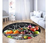 Tapis de Cuisine Rond Lavable Abstrait Fruit Splash Grands Moderne Résistant aux Taches pour Salon Salle à Manger Chambre Antidérapant Noir 90cm
