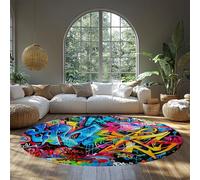 Tapis de Cuisine Ronds Tapis de Sol Rond coloré Lavable Urban Graffiti Street Art Circulaire pour Chambre Salon antidérapant Bleu Audacieux/Jaune/Rose sur Noir 120cm
