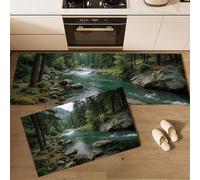 Tapis de Cuisine Ruisseaux Forêts, Antidérapant et Lavable en Machine Paysages Naturels Tapis de Sol pour Salon, Entrée, Devant Evier (Bleu-Vert, 50x80cm+50x150cm)