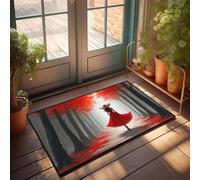 Tapis de cuisine rustique « A Woman In A Red Dress Walks Through An Autumn Forest Doormat » Décoration de camping Tapis de bienvenue d'automne pour porte d'entrée (50 x 80 cm)