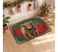 Tapis de cuisine rustique avec vache et Père Noël 40,6 x 61 cm | Bottes de cowboy occidentales, tapis pour sol de cuisine, branches festives à feuilles persistantes, atmosphère de ferme