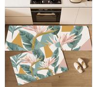 Tapis De Cuisine Strelitzia Repens Tropical Élégant, 50X80+50X150Cm, Géométrique Moderne Tapis Couloir Long Antidérapant Anti-Fatigue Lavable En Machine, Pour Entrée Couloir Décor, Beige Vert