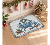 Tapis de cuisine sur le thème du crabe et des étoiles de mer de Noël côtier | Accents d'étoiles de mer, tapis de cuisine pour sol, verdure de branche de pin, fond en bois blanc rustique