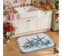 Tapis de cuisine sur le thème du crabe et des étoiles de mer de Noël côtier | Accents d'étoiles de mer, tapis de cuisine pour sol, verdure de branche de pin, fond en bois blanc rustique