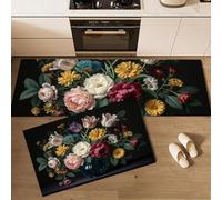Tapis de Cuisine Vase Fleurs Fraîches Romantique 2 pièces,Tapis de Sol Rose Pivoine Marguerite Antidérapants Taches Carpette Anti-Fatigue pour Couloir Devant Evier et Entrée, 40x60cm+40x120cm, Noir