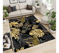 Tapis de Décoration Luxe Noir Et Feuille D'or, Tapis avec Dos en Caoutchouc Antidérapant, Feuille De Bananier Tropical Écologique Paillasson Intérieur - pour Décor Commercial de Bureau 160 x 230 cm