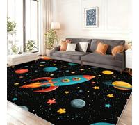 Tapis de Décoration Rectangulaire, Mignon Dessin Animé Univers Espace Fusée Kids Flanelle Tapis pour Chambre d'enfant - Noir Intérieur Antidérapant Tapis Salon Lavable, 120 x 170 cm
