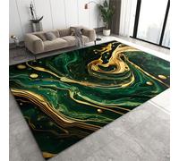 Tapis de Décoration Vert émeraude De Luxe Clair Tapis Moquette de Salon à Poils Ras, Art Fluide Abstrait Doré Lavable Tapis Intérieur - pour Cuisine Et de Salle à Manger 90 x 180 cm