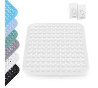 Tapis de Douche, 48 x 48 cm, Tapis Anti Dérapant avec Ventouses, Rectangulaire Natte de Douche avec 2 Crochets, mit Abflusslöchern, Lavable en Machine, pour Salle de Bain et Sauna, Blanc