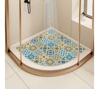 Tapis de douche d'angle pour douche intérieure, antidérapant, anti-moisissure, en luffa, quadrant incurvé pour salle de bain avec évacuation (bleu, 90 x 90 cm)