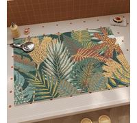 Tapis de douche extra long antidérapant en luffa doux texturé pour salle de bain - Mélange de feuillage tropical - 80 x 120 cm - Orange rouille et vert sauge