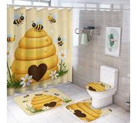 Tapis de Douche Jaune Honey Bee Hive 4 pièces + Tapis Contour et Couvercle avec Support en Caoutchouc + Doublure de Rideau Anti-humidité pour Usage intérieur, Baignoire et Douche