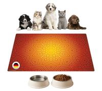 Tapis de gamelle | Tapis d'alimentation pour chiens et chats « Mandala rouge/jaune » en vinyle de qualité supérieure - 60 x 40 cm - Antidérapant, lavable, indéchirable - Fabriqué en Allemagne