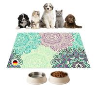 Tapis de gamelle | Tapis d'alimentation pour chiens et chats « Mandala vert/turquoise » en vinyle de qualité supérieure - 44 x 32 cm - Antidérapant, lavable, indéchirable - Fabriqué en Allemagne