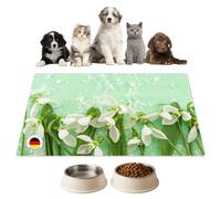 Tapis de gamelle | Tapis d'alimentation pour chiens et chats « perce-neige sur fond vert » en vinyle de qualité supérieure - 60 x 40 cm - Antidérapant, lavable, indéchirable - Fabriqué en Allemagne