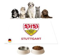 Tapis de gamelle | Tapis d'alimentation pour chiens et chats - « VfB Stuttgart » - Logo blanc en vinyle de qualité supérieure - 44 x 32 cm - Antidérapant, lavable, indéchirable - Fabriqué en Allemagne