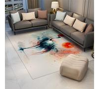 Tapis de Grue Japonaise pour Le Salon Oiseau Oriental Rouge Soleil Aquarelle Asiatique Accent Tapis de Sol Lavable Mince pour l’entrée du Bureau 80x150cm