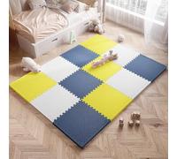 Tapis de gym domestique, tapis d'exercice puzzle, dalles de sol en mousse à emboîtement de 1 cm d'épaisseur, revêtement de sol multifonction pour l'entraînement(Navy blue/Yellow/White)