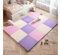 Tapis de gym domestique, tapis d'exercice puzzle, dalles de sol en mousse à emboîtement de 1 cm d'épaisseur, revêtement de sol multifonction pour l'entraînement(Beige/Pink/Purple)