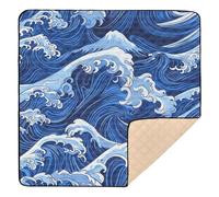 Tapis de gym et d'activités doux rembourré pour l'intérieur et l'extérieur Bleu Motif vague Art japonais Tapis d'activités pour bébés, enfants, tout-petits, nourrissons, 127 x 127 cm