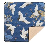 Tapis de gymnastique et d'activités rembourré doux pour bébé Motif grue japonaise Bleu et doré 127 x 127 cm