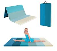 Tapis de Gymnastique Pliable COSTWAY 180 x 120 x 4 cm-3 Plis-en Mousse,PU-Poignées de Transport-Attaches Auto-agrippantes Bleu