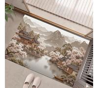 Tapis De Intérieur 90 X 150 Cm - Paillasson D'Intérieur Antidérapant Lavable - Paillasson De Peinture De Paysage,Architecture Motif De Fleurs De Cerisier Pour Entrée Porte Avant Et Arrière,Brun Foncé