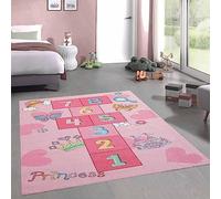 Tapis de Jeu Enfants Marelle Couronne de Cœur & Château Princesse en Rose, 160 x 220 cm
