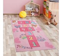 Tapis de Jeu Enfants Marelle Couronne de Cœur & Château Princesse en Rose, 80 x 150 cm