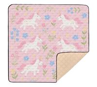 Tapis de jeu pour bébé, confortable, respirant, pliable, motif licornes et fleurs, rose, 127 x 127 cm