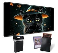 Tapis de jeu pour Magic : The Gathering MTG avec 50 pochettes pour cartes, tapis TCG de 61 x 35,6 cm avec bord cousu pour jeu de société Commander Deck Duskmourn, chat noir d'Halloween
