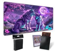 Tapis de jeu pour Magic : The Gathering MTG avec 50 pochettes pour cartes, tapis TCG de 61 x 35,6 cm avec bord cousu pour jeu de société Commander Deck Duskmourn, loup lune violet