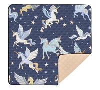 Tapis de jeu rembourré doux pour l'intérieur et l'extérieur, motif licornes et pégase, bleu marine, 127 x 127 cm