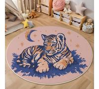 Tapis de Jeu Rond antidérapant pour Chambre d'enfant, Salle de Jeux - Animaux de Dessin animé Lune du Tigre - Lavable - Résistant aux Taches - 180cm - Bleu Poudre
