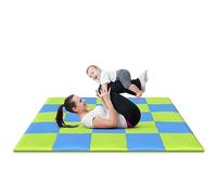 Tapis de jeu XXL pour bébé ou enfant - Très confortable (rembourrage en mousse viscoélastique), lavable et imperméable - Carreaux verts et bleus - 148 x 148 cm