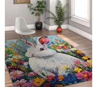 Tapis de la Zone de Pâques 180x200cm Fleurs de Printemps colorées décoration de fête intérieur Rugs de Lapin Blanc Tapis d’entrée antidérapants Moquette Fine Lavable pour Cuisine Chambre