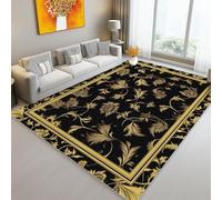 Tapis de l'enfant Exquis Vignes Fleurs Tapis rectangulaire, 60 x 90 cm Moquette de Chambre à Poils Ras, Noir et Or Écologique Paillasson Intérieur - pour Chambre à Coucher de Salon
