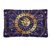 Tapis de lit rond horoscope avec signes du zodiaque avec soleil, lune, étoiles, bleu doré, coussin de cage pour animaux de compagnie de petite et moyenne taille, antidérapant, lavable et sec, 61 x