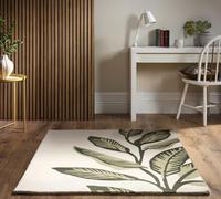 Tapis de luxe en laine à motif de feuilles de paradis sculpté à la main, motif botanique vert et ivoire, tapis tropical de luxe inspiré de la nature (120 x 170 cm)